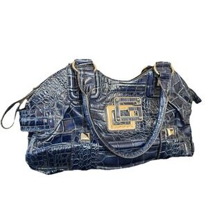 Y2K RARE Guess Blue Crocodile-Embossed Patent Shoulder Bag Skylar Satchel Logo
